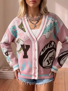 Avantive New Early Autumn Casual Street Retro College Style Daily Dating V-Neck Drop Shoulder Long Sleeve Loose Full Blue Bottom Rugby Digital Slogan Logo Pattern Women's Cardigan,Cozy Fall And Winter - Pink - View 4