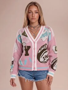 Avantive New Early Autumn Casual Street Retro College Style Daily Dating V-Neck Drop Shoulder Long Sleeve Loose Full Blue Bottom Rugby Digital Slogan Logo Pattern Women's Cardigan,Cozy Fall And Winter - Pink - View 5