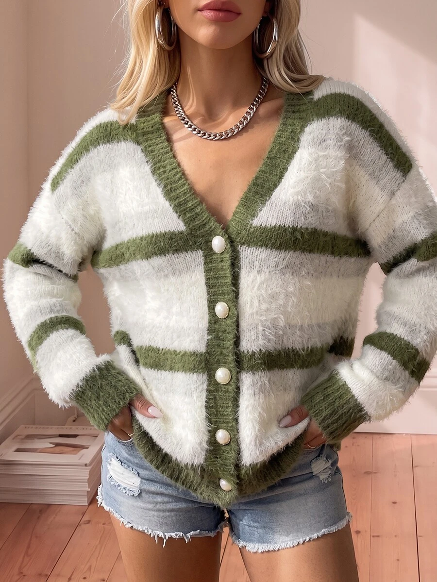 Avantive Women's Casual & Daily Loose Striped V-Neck Open Front Knit Cardigan, Basic Colors, Autumn/Winter,Knitted Sweater - Multicolor - View 1