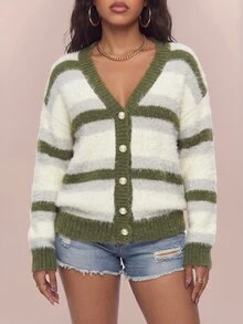Avantive Women's Casual & Daily Loose Striped V-Neck Open Front Knit Cardigan, Basic Colors, Autumn/Winter,Knitted Sweater - Multicolor - View 7