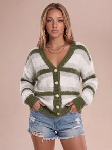 Avantive Women's Casual & Daily Loose Striped V-Neck Open Front Knit Cardigan, Basic Colors, Autumn/Winter,Knitted Sweater - Multicolor - View 6