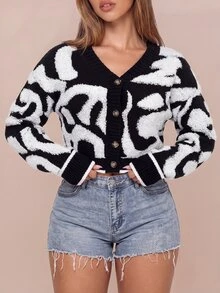 Avantive Casual Holiday Colorblock Pattern Front Button Cardigan, Autumn/Winter,Cozy Fall And Winter Cardigan - Black and White - View 7