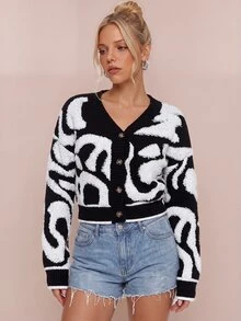 Avantive Casual Holiday Colorblock Pattern Front Button Cardigan, Autumn/Winter,Cozy Fall And Winter Cardigan - Black and White - View 6