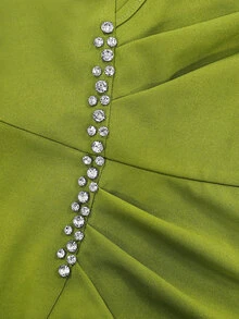 Modelyn Women's Knitted Sage Green Long Sleeve Rhinestone Embellished Romantic Elegant Slim Fit Mid-Length Dress For Party Dinner Cocktail And Wedding Autumn - Green - View 8
