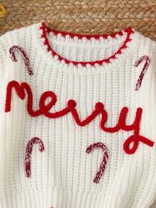 SHEIN 1件女嬰毛衣 經典百搭 白色V領 紅色滾邊 聖誕主題「Merry」3D字母與糖果棒棒糖裝飾 落肩長袖 標準厚度 俐落下擺 緊口袖口 親膚柔軟 單穿可愛 日常聚會聖誕派對適用 秋冬穿搭 - 白色 - 查看 7