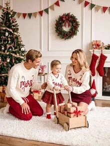 SHEIN 1件女嬰毛衣 經典百搭 白色V領 紅色滾邊 聖誕主題「Merry」3D字母與糖果棒棒糖裝飾 落肩長袖 標準厚度 俐落下擺 緊口袖口 親膚柔軟 單穿可愛 日常聚會聖誕派對適用 秋冬穿搭 - 白色 - 查看 1
