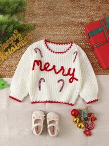 SHEIN 1件女嬰毛衣 經典百搭 白色V領 紅色滾邊 聖誕主題「Merry」3D字母與糖果棒棒糖裝飾 落肩長袖 標準厚度 俐落下擺 緊口袖口 親膚柔軟 單穿可愛 日常聚會聖誕派對適用 秋冬穿搭 - 白色 - 查看 10