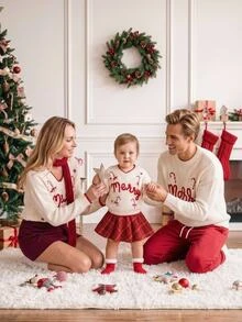 SHEIN 1件女嬰毛衣 經典百搭 白色V領 紅色滾邊 聖誕主題「Merry」3D字母與糖果棒棒糖裝飾 落肩長袖 標準厚度 俐落下擺 緊口袖口 親膚柔軟 單穿可愛 日常聚會聖誕派對適用 秋冬穿搭 - 白色 - 查看 9