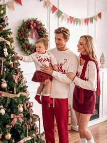 SHEIN 1件女嬰毛衣 經典百搭 白色V領 紅色滾邊 聖誕主題「Merry」3D字母與糖果棒棒糖裝飾 落肩長袖 標準厚度 俐落下擺 緊口袖口 親膚柔軟 單穿可愛 日常聚會聖誕派對適用 秋冬穿搭 - 白色 - 查看 3