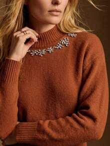 Anewsta Autumn/Winter New Caramel Color Handmade Beaded Design Minimalist Elegant Knit Sweater Top For Women - Coffee Brown - View 3