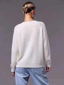 EURMUSE Luxury Pearl Embellished V-Neck Ribbed Knit Sweater, Elegant Slim Fit Soft Touch Pullover With Statement Stud Detailing For Chic Fall Winter Smart Casual Styling - White - View 3