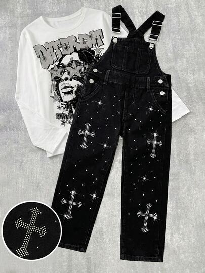 Boys' Black Denim Overalls With Adjustable Metal Buckle Straps, All-Over Rhinestone Cross Pattern Decor, Loose Straight Leg Jumpsuit, Y2K Streetwear Casual Pants For Back To School, Street Style, Party, Daily Wear