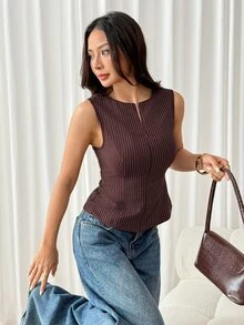 SHEIN PETITE Blazer Bergaris Cokelat Bergaya untuk Wanita Bertubuh Mungil – Cocok untuk Bepergian dan Pakaian Kerja. - Coklat - View 3