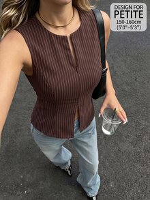SHEIN PETITE Blazer Bergaris Cokelat Bergaya untuk Wanita Bertubuh Mungil – Cocok untuk Bepergian dan Pakaian Kerja. - Coklat - View 1