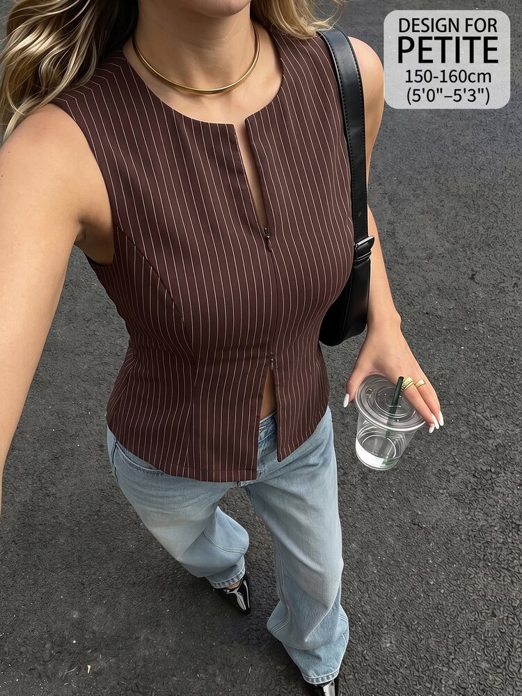 SHEIN PETITE 時尚棕色條紋西裝外套，適合小個女款，通勤與商務穿著適用 - 棕色 - 查看 1