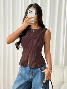 SHEIN PETITE Blazer Bergaris Cokelat Bergaya untuk Wanita Bertubuh Mungil – Cocok untuk Bepergian dan Pakaian Kerja. - Coklat - View 6