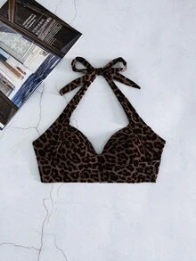 SHEIN Swim 夏季女款性感熱帶豹紋掛脖比基尼上衣，露背聚攏款式，適合度假、海灘派對與泳池派對，棕色斑馬紋 - 彩色 - 查看 5
