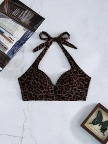SHEIN Swim 夏季女款性感熱帶豹紋掛脖比基尼上衣，露背聚攏款式，適合度假、海灘派對與泳池派對，棕色斑馬紋 - 彩色 - 查看 6
