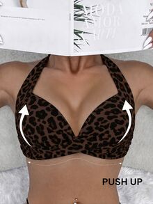 SHEIN Swim 夏季女款性感熱帶豹紋掛脖比基尼上衣，露背聚攏款式，適合度假、海灘派對與泳池派對，棕色斑馬紋 - 彩色 - 查看 3