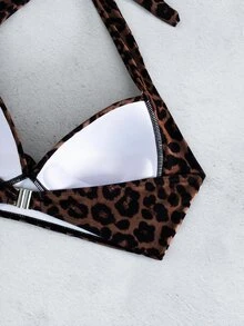 SHEIN Swim 夏季女款性感熱帶豹紋掛脖比基尼上衣，露背聚攏款式，適合度假、海灘派對與泳池派對，棕色斑馬紋 - 彩色 - 查看 4
