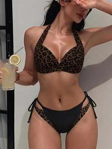 SHEIN Swim 夏季女款性感熱帶豹紋掛脖比基尼上衣，露背聚攏款式，適合度假、海灘派對與泳池派對，棕色斑馬紋 - 彩色 - 查看 9