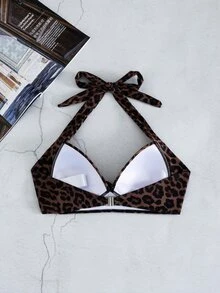 SHEIN Swim 夏季女款性感熱帶豹紋掛脖比基尼上衣，露背聚攏款式，適合度假、海灘派對與泳池派對，棕色斑馬紋 - 彩色 - 查看 2