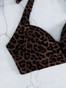 SHEIN Swim 夏季女款性感熱帶豹紋掛脖比基尼上衣，露背聚攏款式，適合度假、海灘派對與泳池派對，棕色斑馬紋 - 彩色 - 查看 7