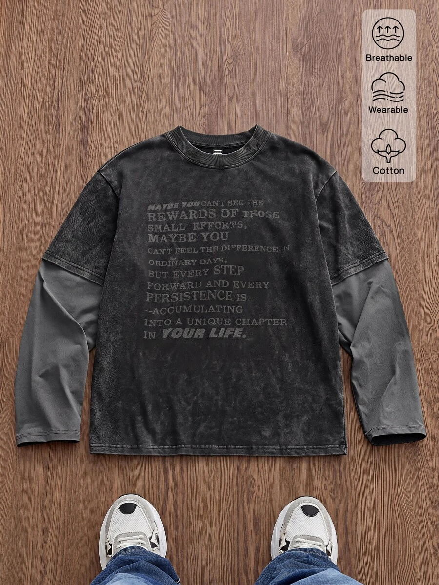 SWAVVY Men's Knitted Fashion Casual Young Loose Long Sleeve T-Shirt With English Print Patchwork - Black - View 1