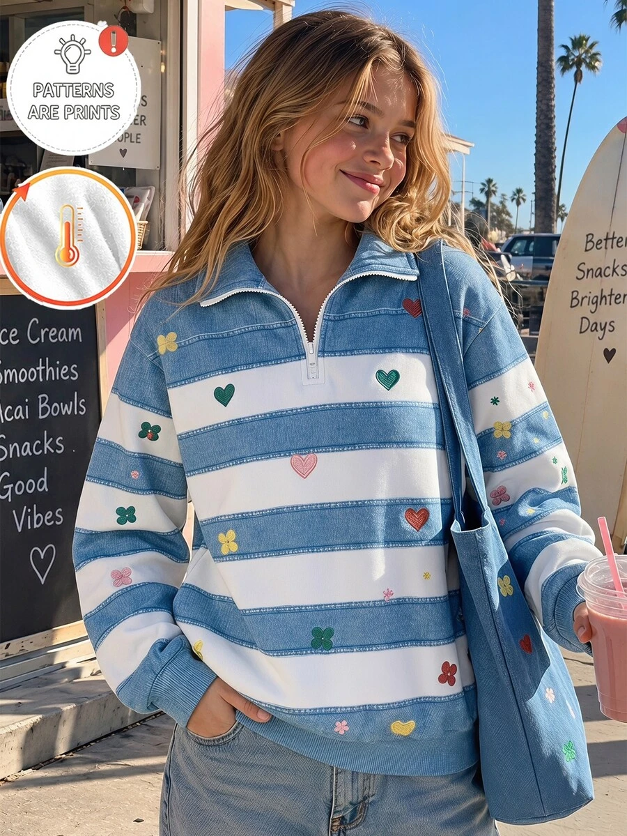 SHEIN Tween Girls Striped Half Zip Sweatshirt, Cute Heart Flower Print Quarter Zip Pullover, Warm Thermal Fleece Jacket Fall Clothes For Big Kids