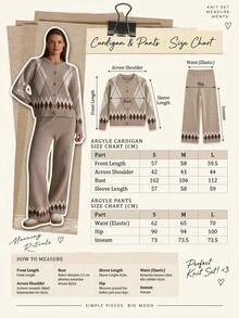 SHEIN Taupe Argyle Knit Cardigan Button Front Geometric Pattern Soft Cozy Cropped Sweater Vintage Preppy Fall Winter Top With Pant 2 Pcs Set - Mocha Brown - View 9