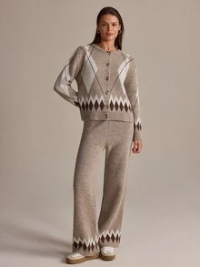 SHEIN Taupe Argyle Knit Cardigan Button Front Geometric Pattern Soft Cozy Cropped Sweater Vintage Preppy Fall Winter Top With Pant 2 Pcs Set - Mocha Brown - View 4