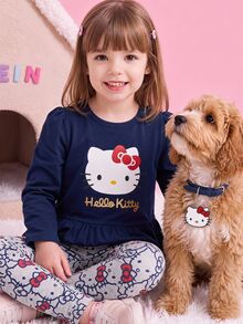 HELLO KITTY AND FRIENDS | SHEIN Young Girl Cute Pattern Long Sleeve Knit T-Shirt Set - Blue - View 1
