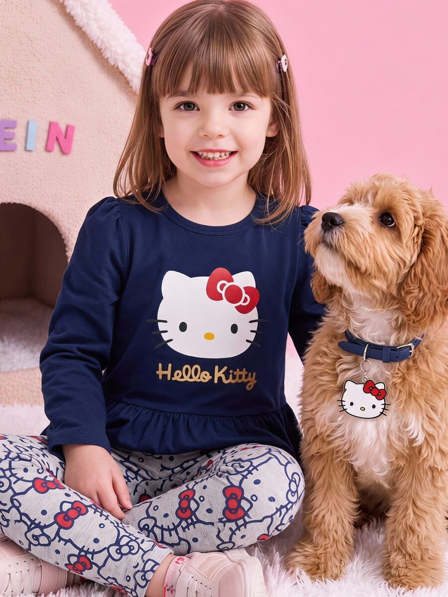 HELLO KITTY AND FRIENDS | SHEIN Young Girl Cute Pattern Long Sleeve Knit T-Shirt Set - Blue - View 1