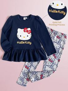 HELLO KITTY AND FRIENDS | SHEIN Young Girl Cute Pattern Long Sleeve Knit T-Shirt Set - Blue - View 4