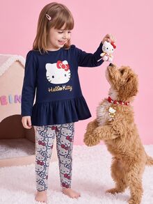 HELLO KITTY AND FRIENDS | SHEIN Young Girl Cute Pattern Long Sleeve Knit T-Shirt Set - Blue - View 3