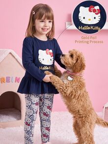 HELLO KITTY AND FRIENDS | SHEIN Young Girl Cute Pattern Long Sleeve Knit T-Shirt Set - Blue - View 2
