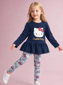 HELLO KITTY AND FRIENDS | SHEIN Young Girl Cute Pattern Long Sleeve Knit T-Shirt Set - Blue - View 8