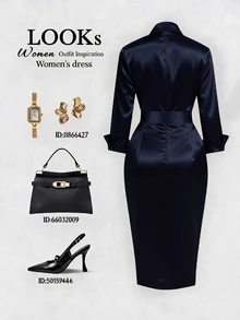 Franclia Women's Elegant Button Pleated Dress For Business Dinner Office Navy Blue Autumn - Navy Blue - View 2