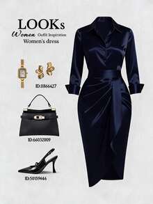 Franclia Women's Elegant Button Pleated Dress For Business Dinner Office Navy Blue Autumn - Navy Blue - View 1