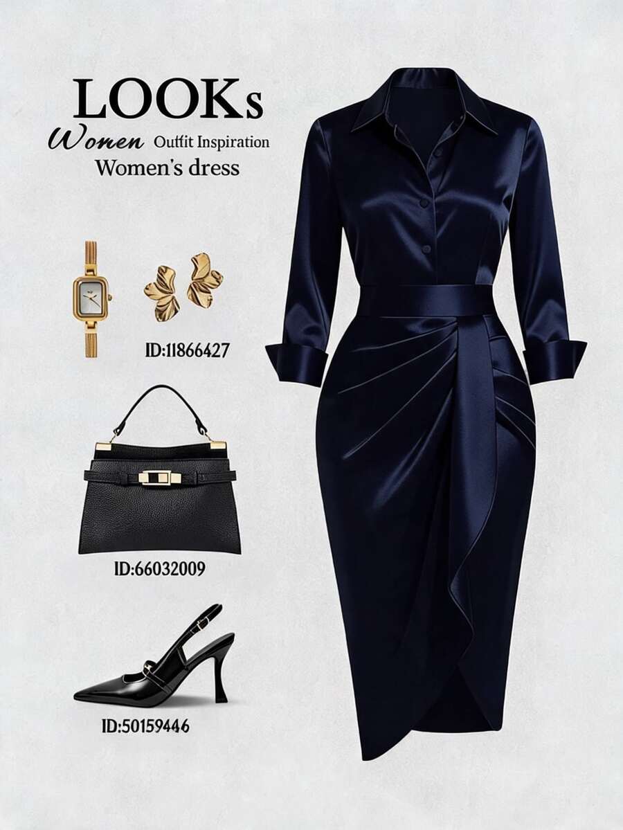 Franclia Women's Elegant Button Pleated Dress For Business Dinner Office Navy Blue Autumn - Navy Blue - View 1