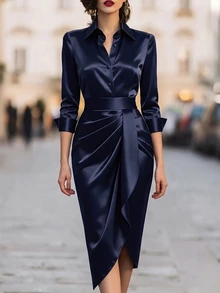 Franclia Women's Elegant Button Pleated Dress For Business Dinner Office Navy Blue Autumn - Navy Blue - View 5