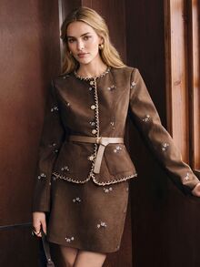Anewsta Women's Elegant 2 Pieces Set With Single-Breasted Jacket And Skirt, Featuring Woven Trim - Brown - View 7