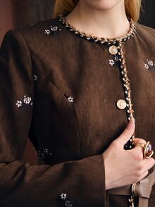 Anewsta Women's Elegant 2 Pieces Set With Single-Breasted Jacket And Skirt, Featuring Woven Trim - Brown - View 3