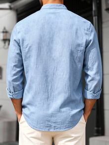 Manfinity CasualCool 2026 Spring Summer Men Mandarin Collar 3/4 Sleeve Textured Cotton Shirt, Baby Blue Lightweight Bubbl - Blue - View 4