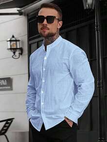 Manfinity CasualCool 2026 Spring Summer Men Mandarin Collar 3/4 Sleeve Textured Cotton Shirt, Baby Blue Lightweight Bubbl - Blue - View 1