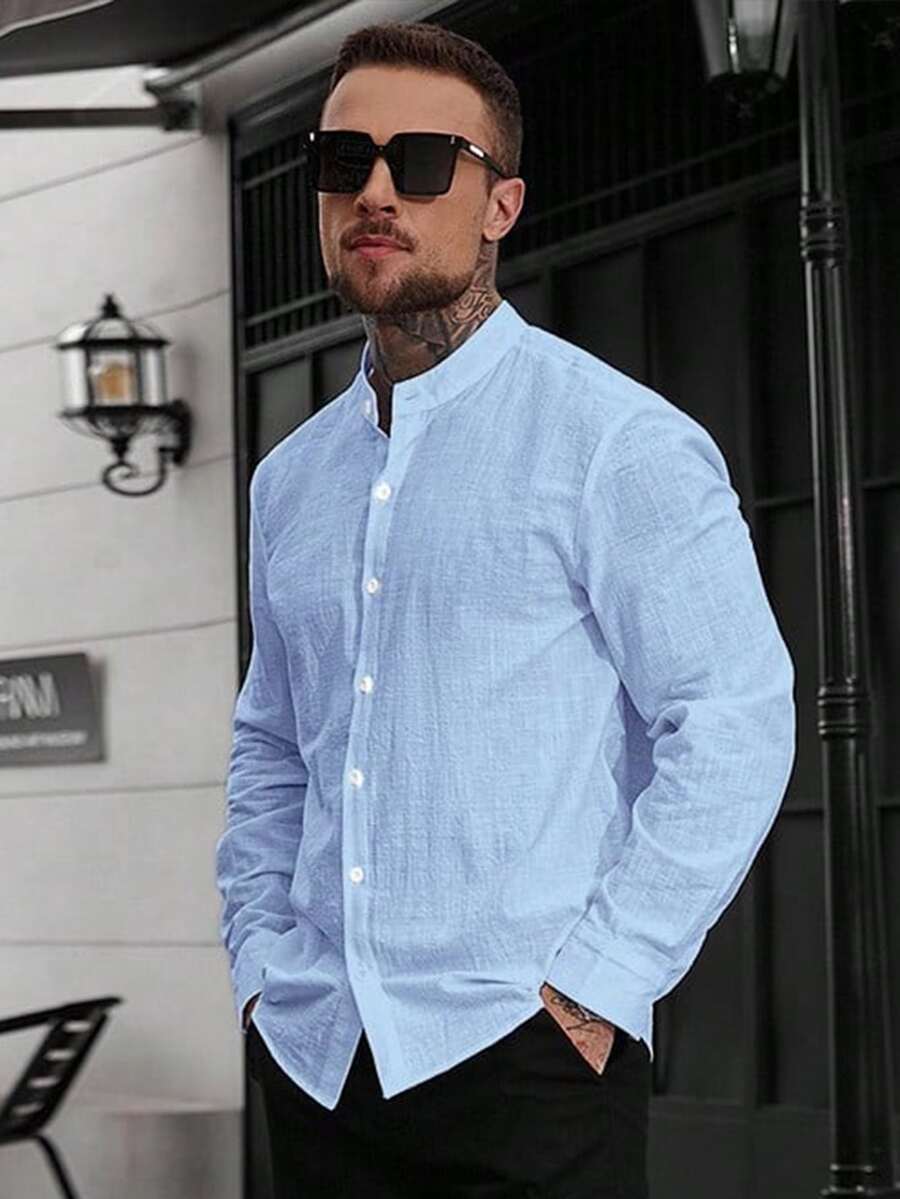 Manfinity CasualCool 2026 Spring Summer Men Mandarin Collar 3/4 Sleeve Textured Cotton Shirt, Baby Blue Lightweight Bubbl - Blue - View 1