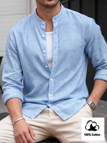 Manfinity CasualCool 2026 Spring Summer Men Mandarin Collar 3/4 Sleeve Textured Cotton Shirt, Baby Blue Lightweight Bubbl - Blue - View 3
