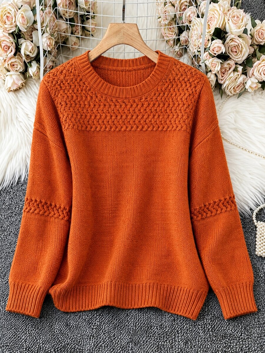 EMERY ROSE Plus Size Women's Round Neck Loose Long Sleeve Sweater For Office And Commute - Orange - View 1