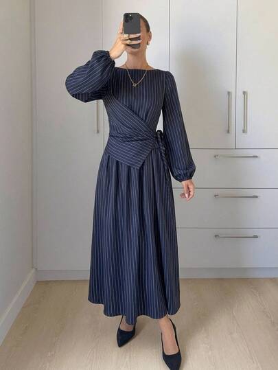 Siren Gaze Women's Navy Blue Minimalist Long Sleeve Dress, Casual Everyday Wear Autumn/Winter,Dresses For Women Elegant Teachers' Day Office Commute