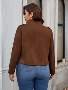 SHEIN Clasi Plus Size Women's Button Design Casual Minimalist Long Sleeve Brown Jacket - Brown - View 2